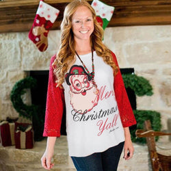 Christmas Women Lace Long Sleeve Santa Letters Shirt Blouse Tops