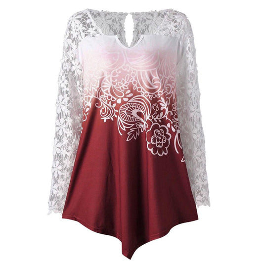 Womens Printing Lace Shirt Long Sleeve Shirt Casual Tops Ladies Blouse